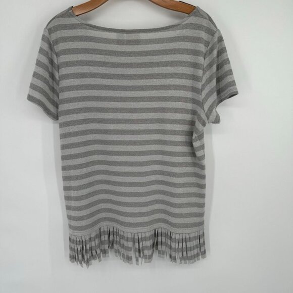 Chicos 2 Womens Size large Gray metallic Striped Short Sleeve Top fringed Hem - Picture 8 of 12